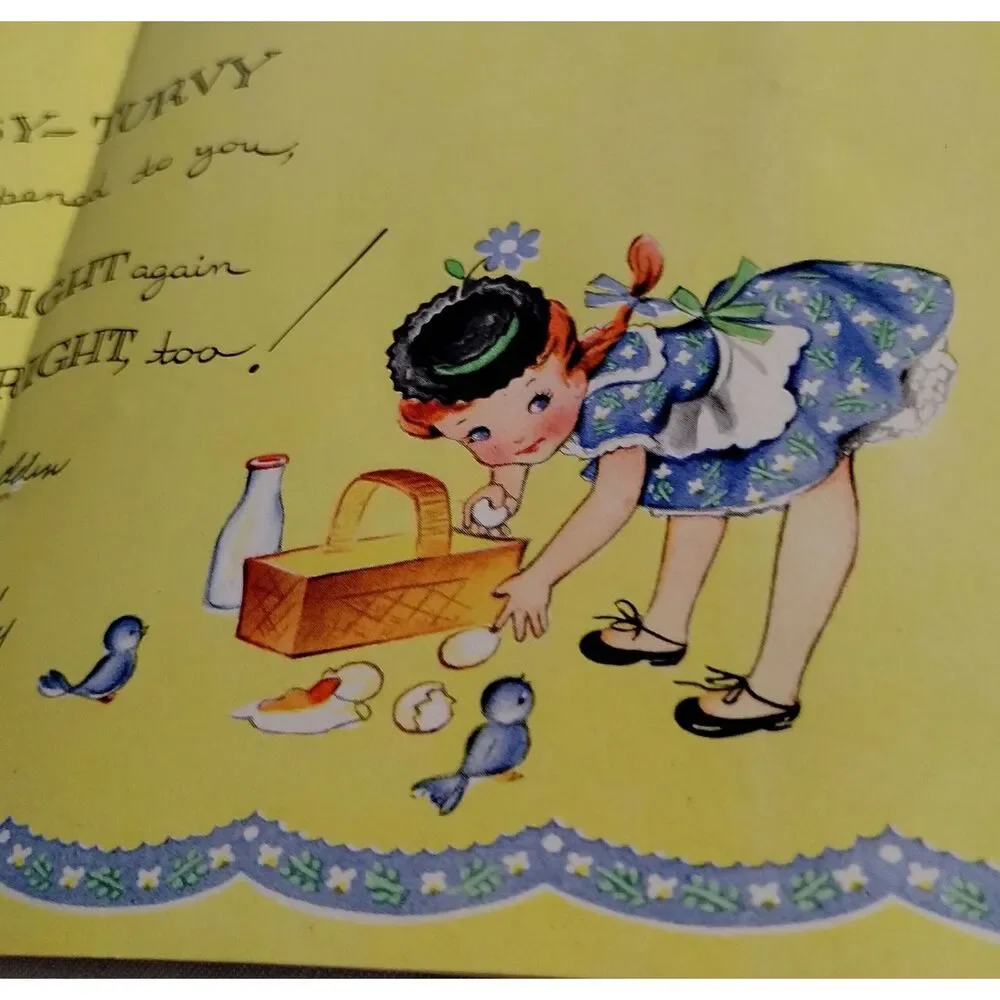 Vintage Get Well Card Fine Linen Paper Topsy Turvy Girl Bluebirds T 2163 USA